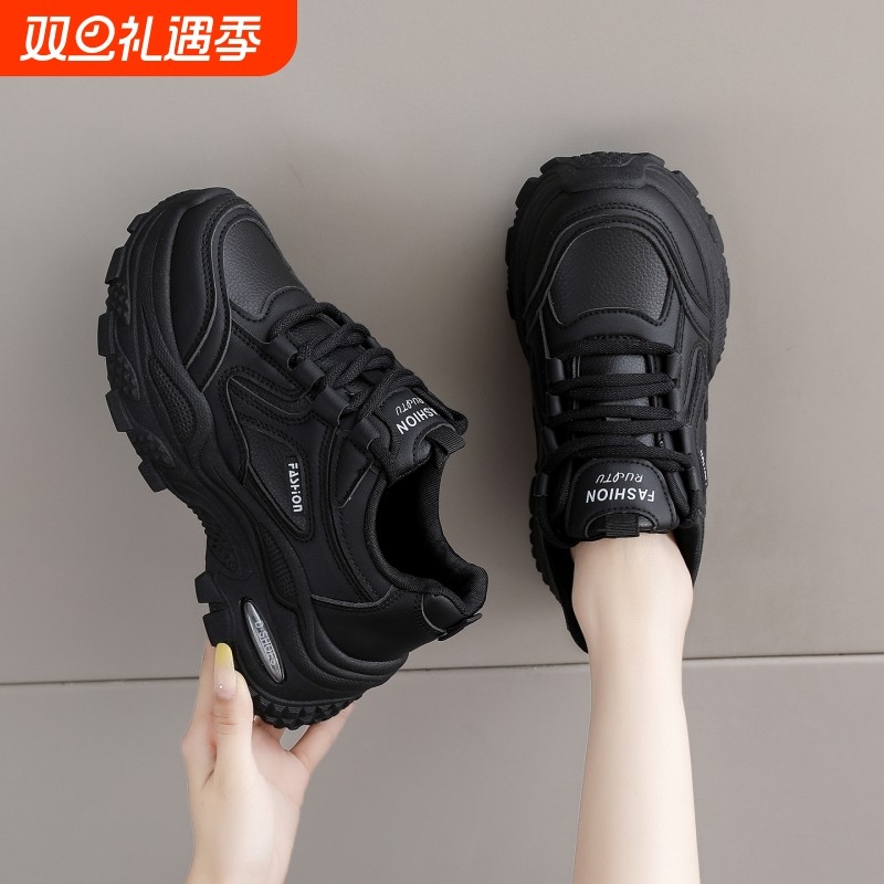 啄木鸟真皮防水防滑黑色加绒老爹鞋女鞋小码34久站不累脚软底运动