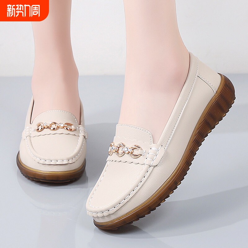 意尔康心选真皮软底防滑皮鞋牛筋底乐福鞋妈妈鞋平底女鞋中老年人