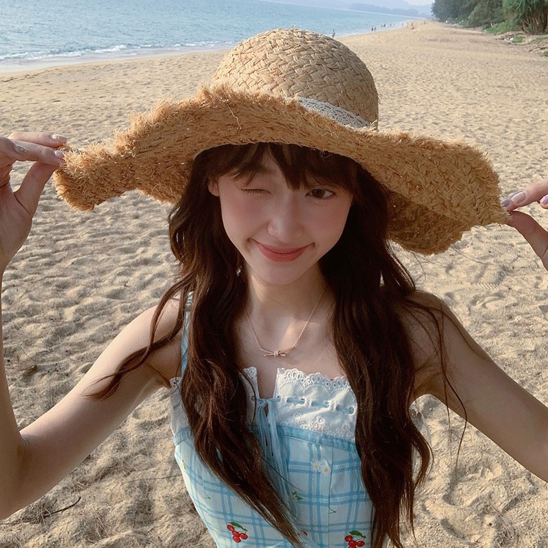 大帽檐蕾丝草帽女夏季海边度假沙滩遮阳防晒帽子法式显脸小可折叠