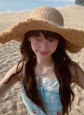 大帽檐蕾丝草帽女夏季海边度假沙滩遮阳防晒帽子法式可折叠白色