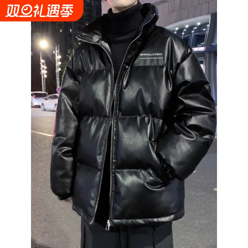 户外PU皮衣羽绒服男冬季2025新款潮牌冬装棉袄子加厚保暖棉衣男装
