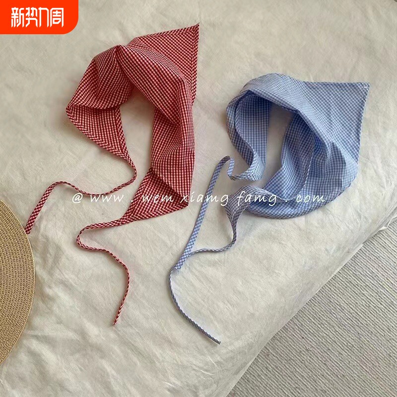 法式头巾蓝色格子三角巾包头绑发丝巾女ins春秋装饰格子发带