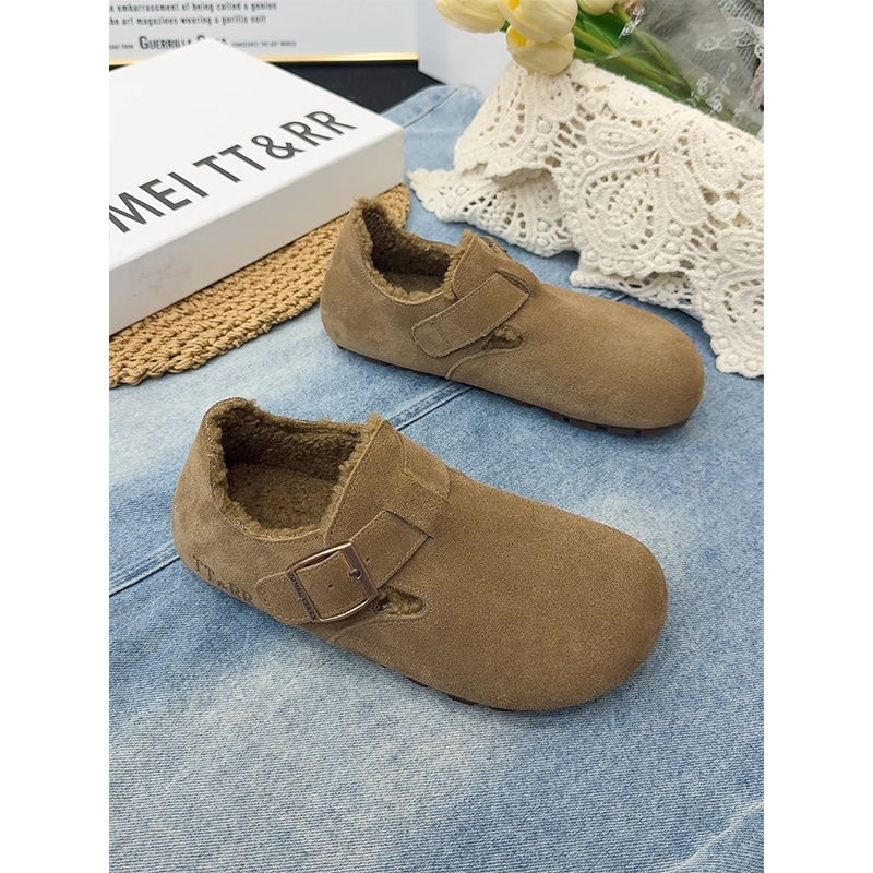 真皮勃肯鞋女加绒豆豆鞋2025年冬季新款大头丑萌鞋复古博肯懒人鞋