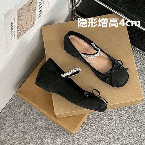 意尔康心选法式水钻内增高5cm芭蕾舞鞋女2025秋季新款绸缎蝴蝶结