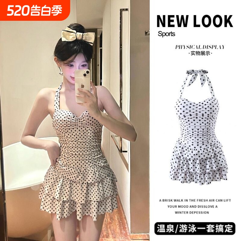 2026年新款挂脖裙式泳衣女波点纯欲风温泉露背显瘦性感海边游泳装