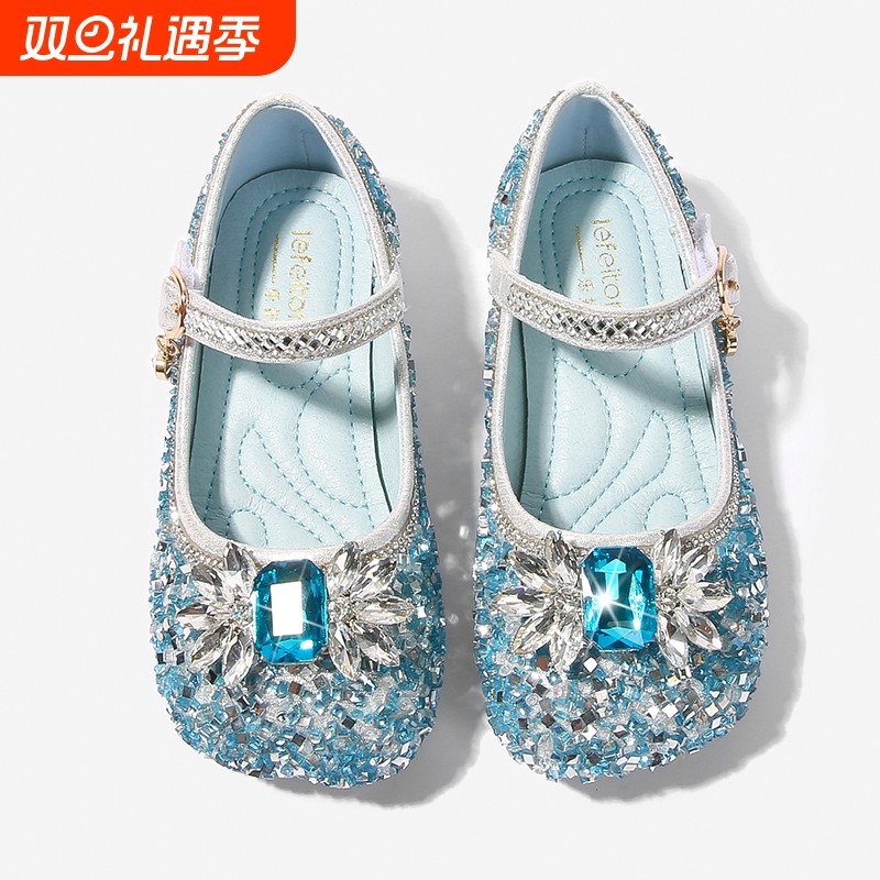 女童公主鞋水晶鞋爱莎水钻单鞋女宝小皮鞋爱沙鞋子儿童魔术贴鞋子