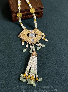 新中式汉服璎珞背云流苏珍珠串珠平安锁项链黄色晚明风宫廷配饰女