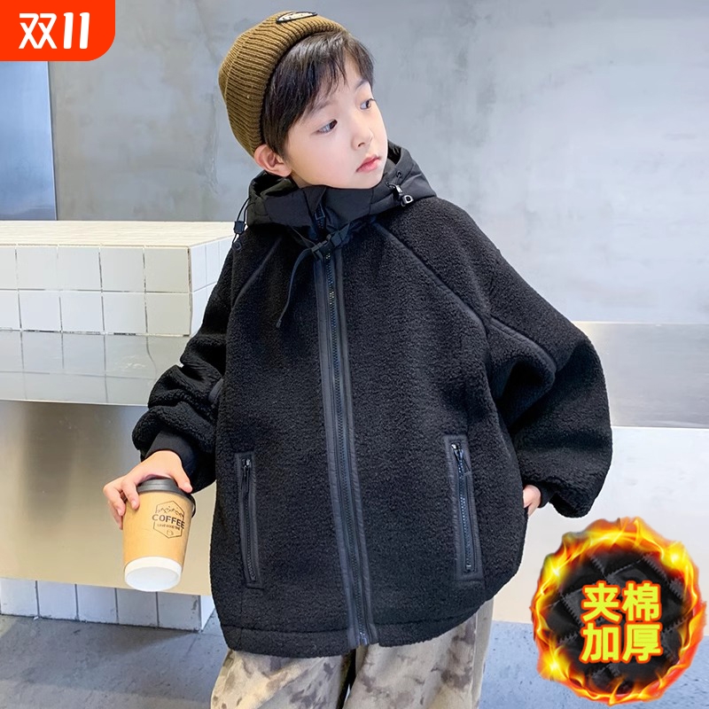 男童冬装加绒外套2025新款中大儿童秋冬款夹棉加厚羊羔绒毛毛衣潮