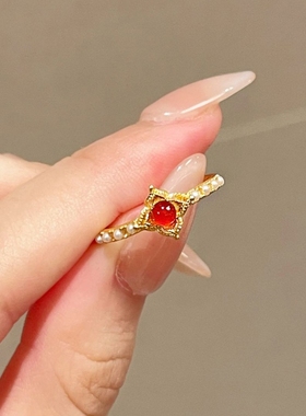 新中式红色锆石金色戒指女时尚轻奢小众星星指环高级感开口可调节