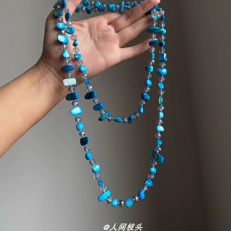 巨显白~蓝色不规则串珠长款项链女小众毛衣链波西米亚民族风配饰