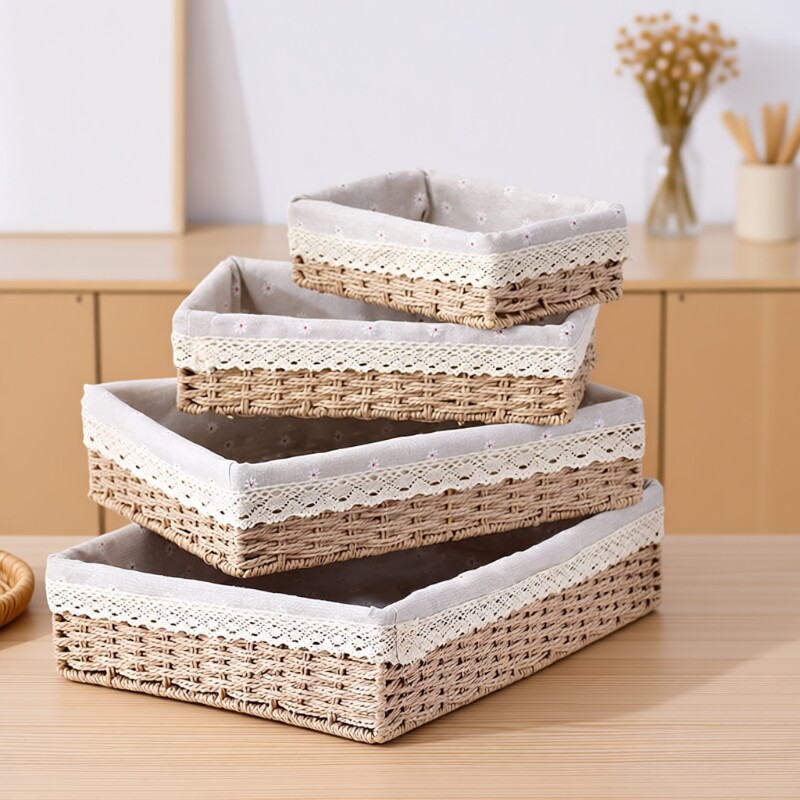 桌面收纳盒茶几杂物玄关钥匙编织收纳筐草藤编收纳篮储物盒客厅