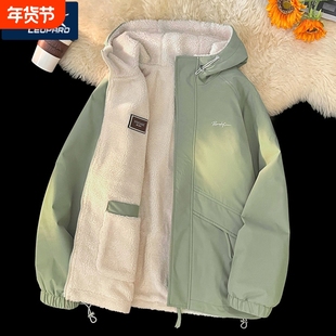 豹秋冬季双面穿棉衣男加绒加厚夹克青少年羊羔绒保暖外套两面穿