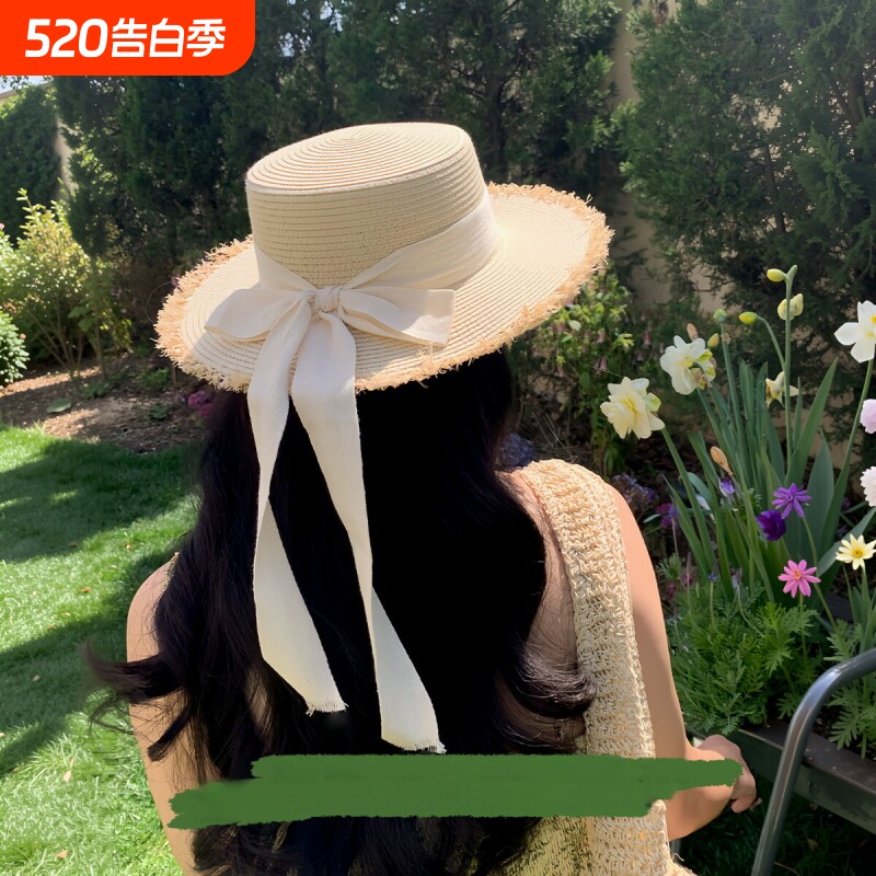 平顶草帽大头围法式草编帽子女夏海边度假田园风大帽檐防晒遮阳帽