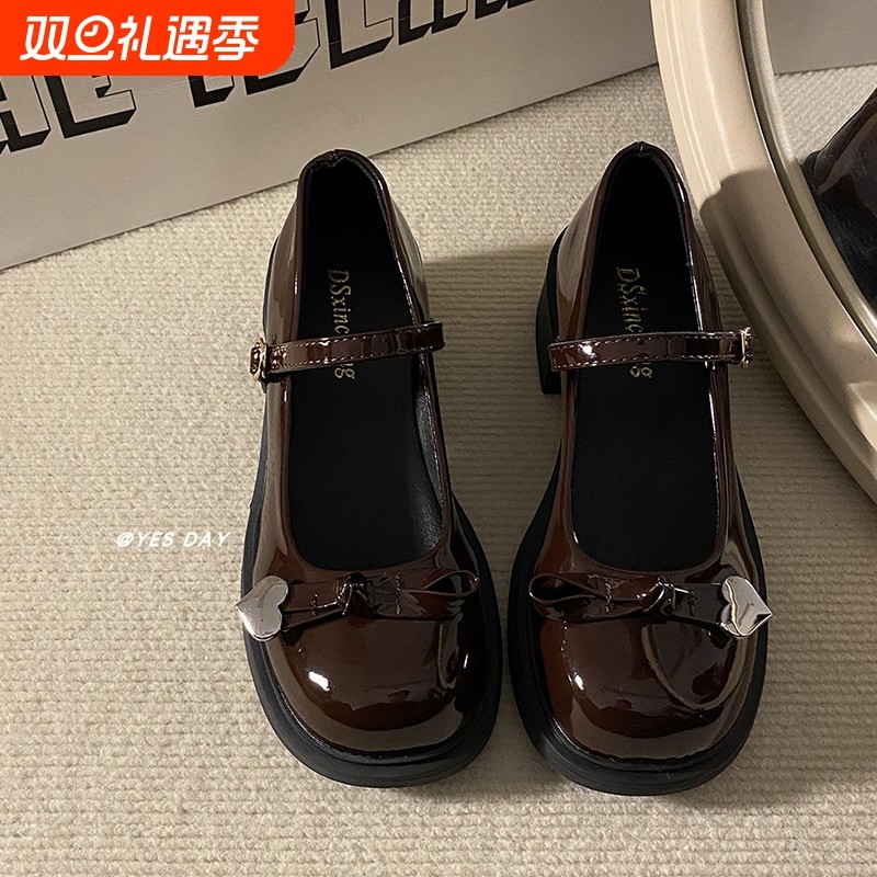 YesDay暗黑少女蝴蝶结圆头JK玛丽珍小皮鞋粗跟单鞋增高显瘦高跟鞋
