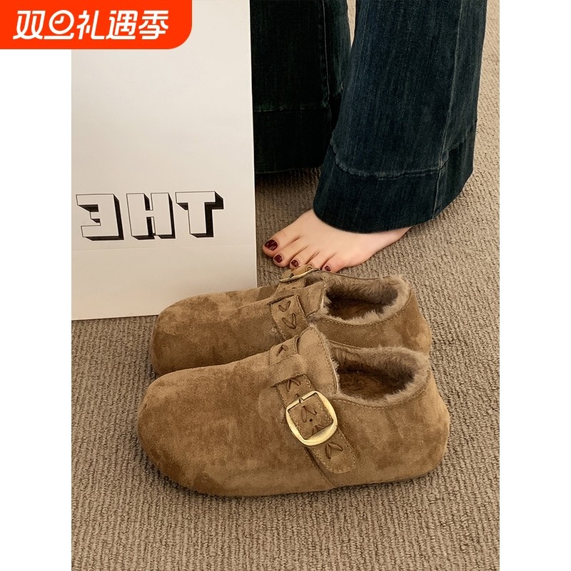 厚底勃肯鞋女加绒毛毛豆豆鞋2025新款冬季女鞋子复古百搭保暖棉鞋