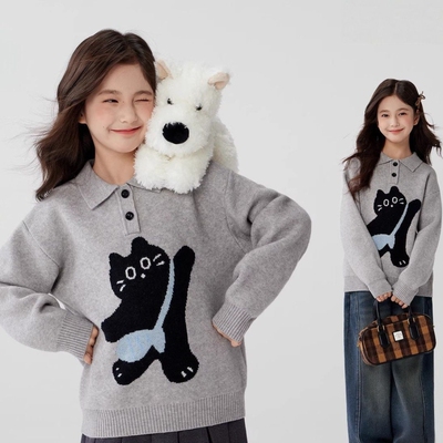 女童毛衣灰色POLO翻领猫咪套头新款秋冬加厚宽松慵懒可爱风针织衫