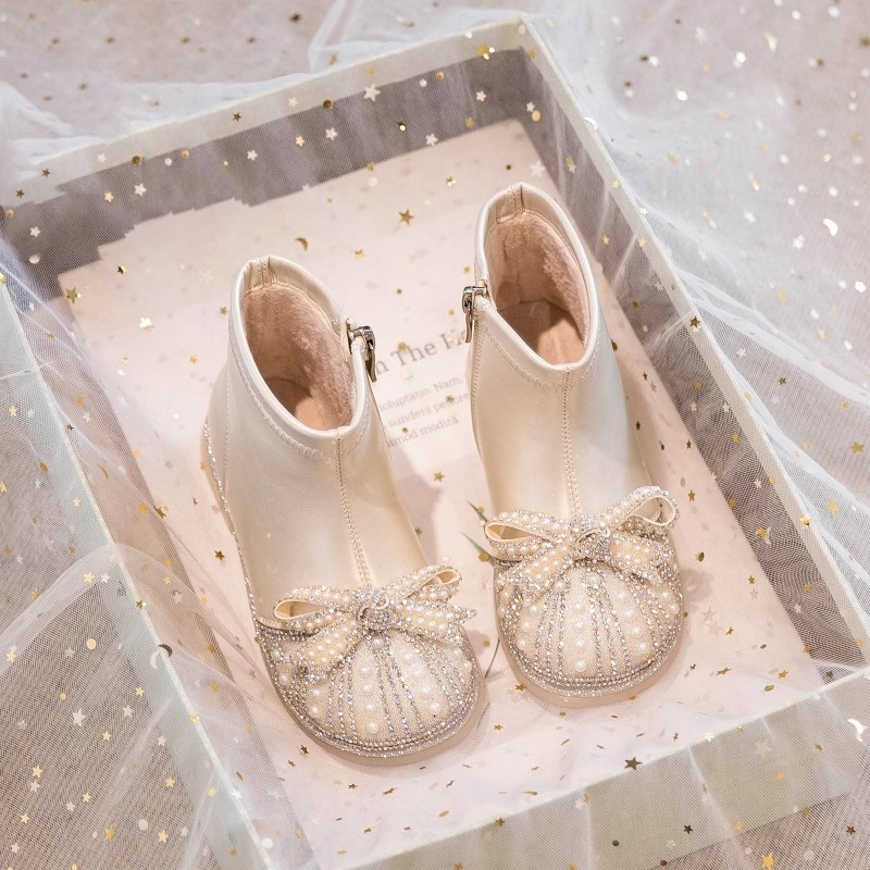 女童靴子2025冬季儿童皮鞋公主鞋秋冬宝宝小短靴加绒鞋子白色水晶