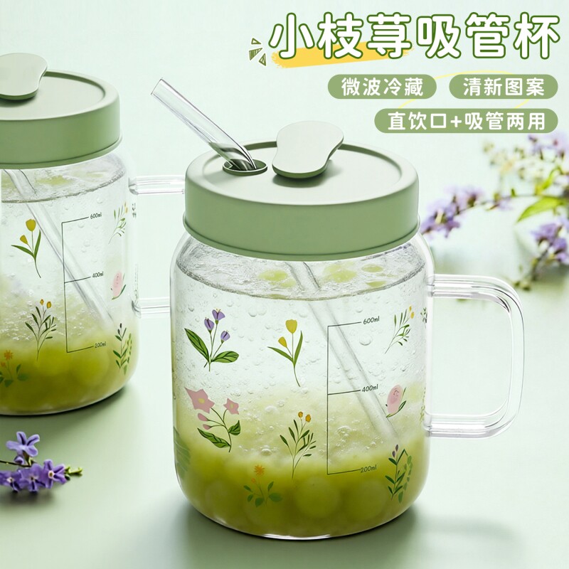 吸管杯儿童玻璃水杯刻度带盖耐高温杯子女生带把手玻璃杯高硼硅