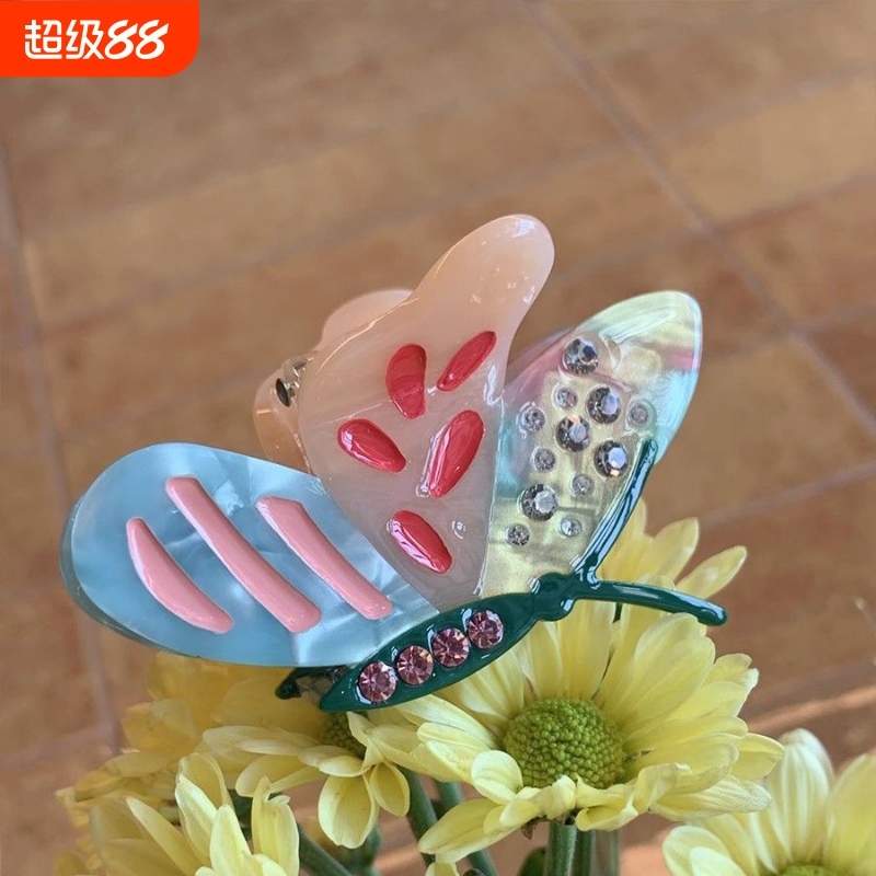 炫彩浪漫蝴蝶抓夹女发量少高级感洋气时尚 轻奢水钻半扎鲨鱼夹