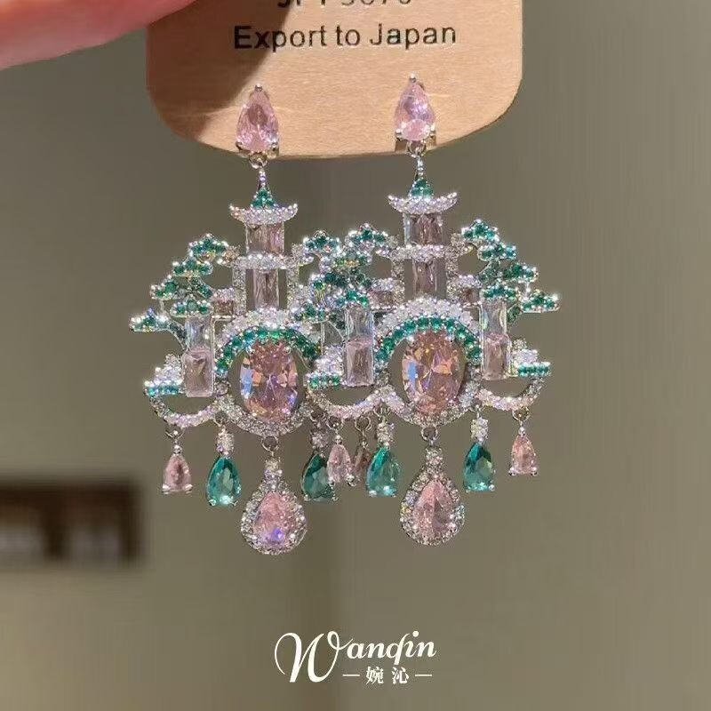 新中式超闪红绿撞色城堡耳钉宫廷风轻奢精致气质显脸小耳饰复古