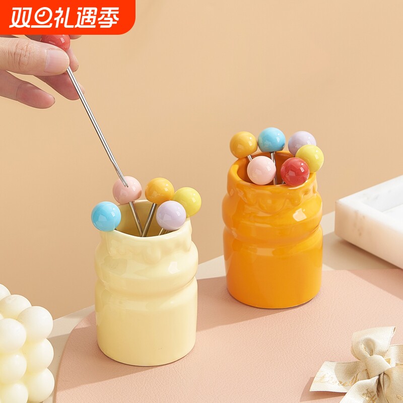 奶油风水果叉子套装陶瓷罐家用收纳可爱水果签下午茶蛋糕甜品叉
