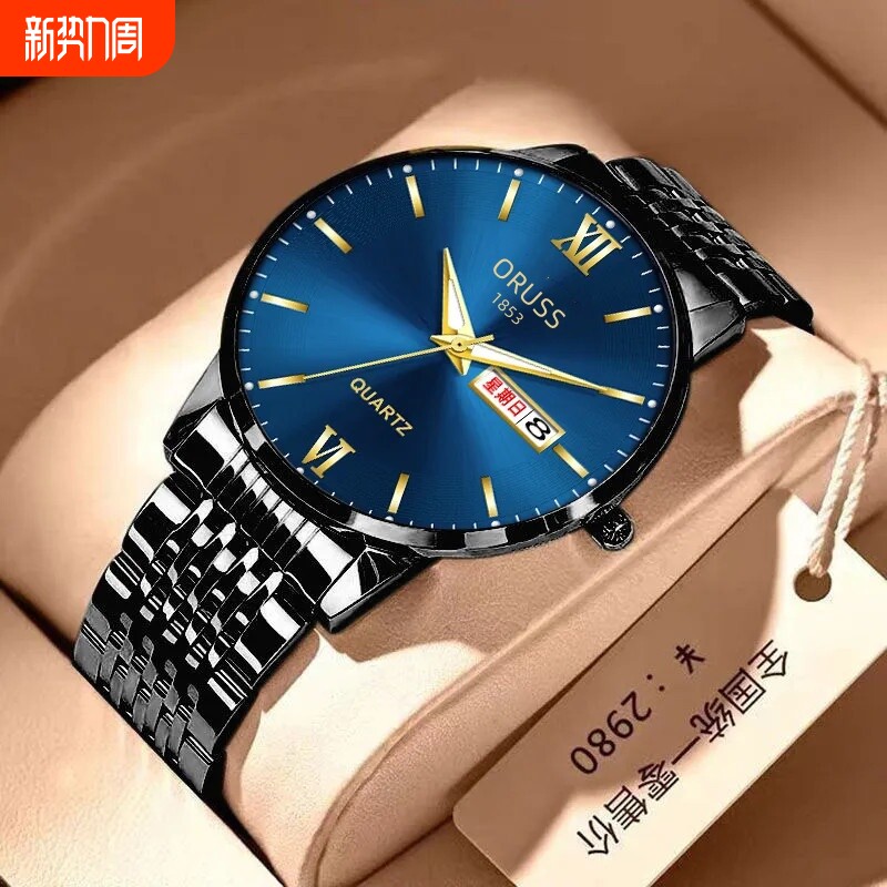 瑞士品牌全自动机芯正品防水夜光手表男日双历男士表时尚钢带表男