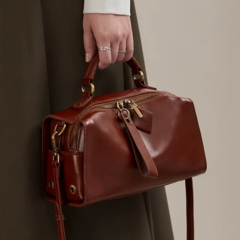 潮流百搭真皮女士手提包小众头层牛皮单肩包女斜挎包波士顿枕头包