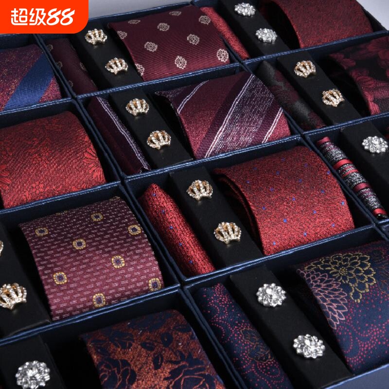 领带方巾袖扣男士红色结婚正装条纹新郎喜庆 3件套新款礼盒装批发