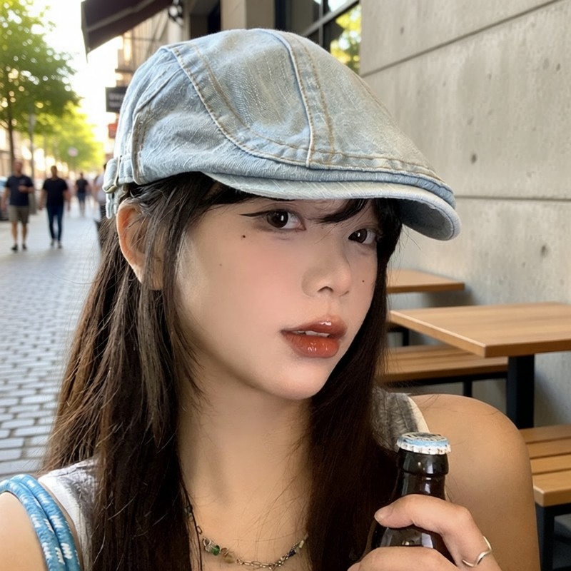 水洗牛仔前进帽女春夏款日系复古显脸小贝雷帽反戴大头围画家帽子