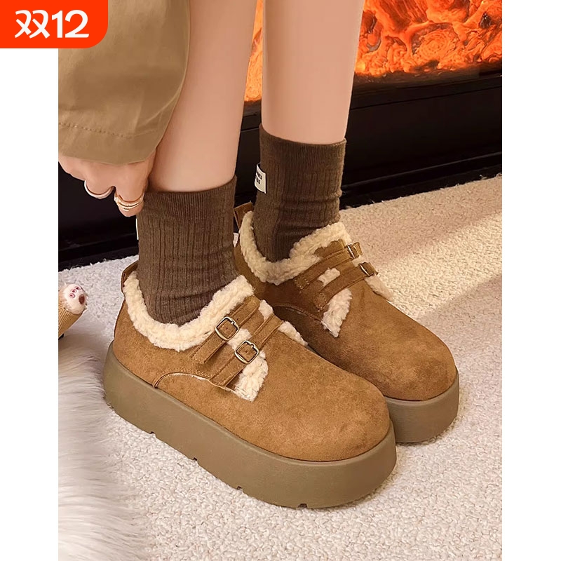 松糕厚底加绒时尚勃肯潮鞋女2025冬季新款百搭复古一脚蹬毛毛棉鞋