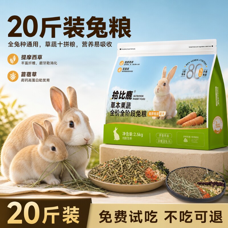 兔粮20斤装兔子饲料侏儒兔专用提摩西草苜蓿草10斤冻干粮垂耳兔