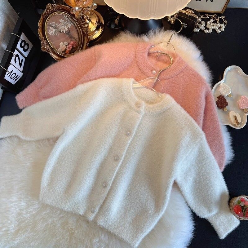 女童水貂绒开衫毛衣亲子毛绒上衣新年装女宝宝针织外套拜年服白色