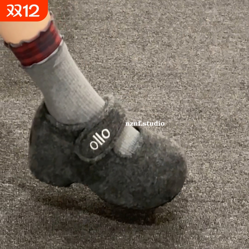 加绒复古内增高厚底玛丽珍毛毛鞋女冬外穿2025新款灰色保暖棉鞋子