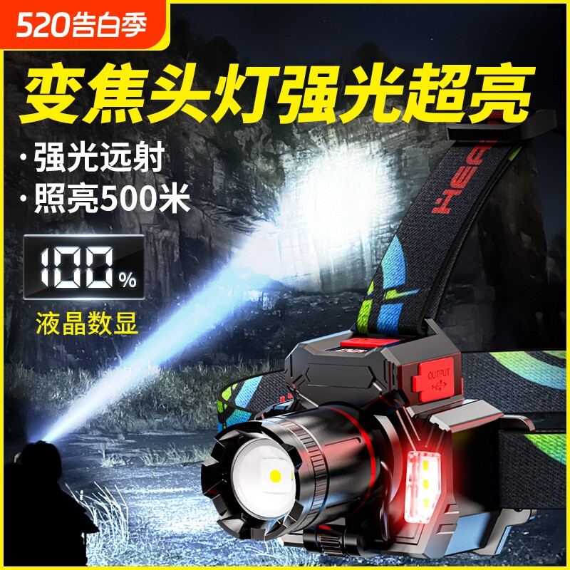 变焦头灯2026新款强光超亮充电感应钓鱼专用户外矿灯头戴式