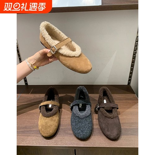 平底加绒毛毛鞋女2025秋冬新款保暖玛丽珍鞋勃肯鞋棉鞋子内增高