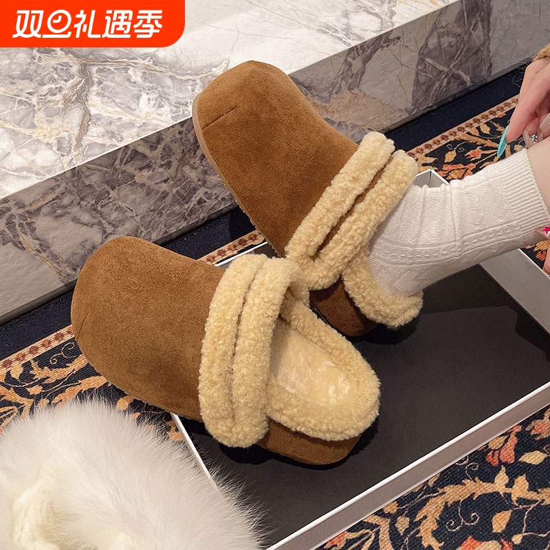 两穿加绒包头拖鞋女2025冬季新款平底毛绒保暖防滑舒适豹纹毛毛拖