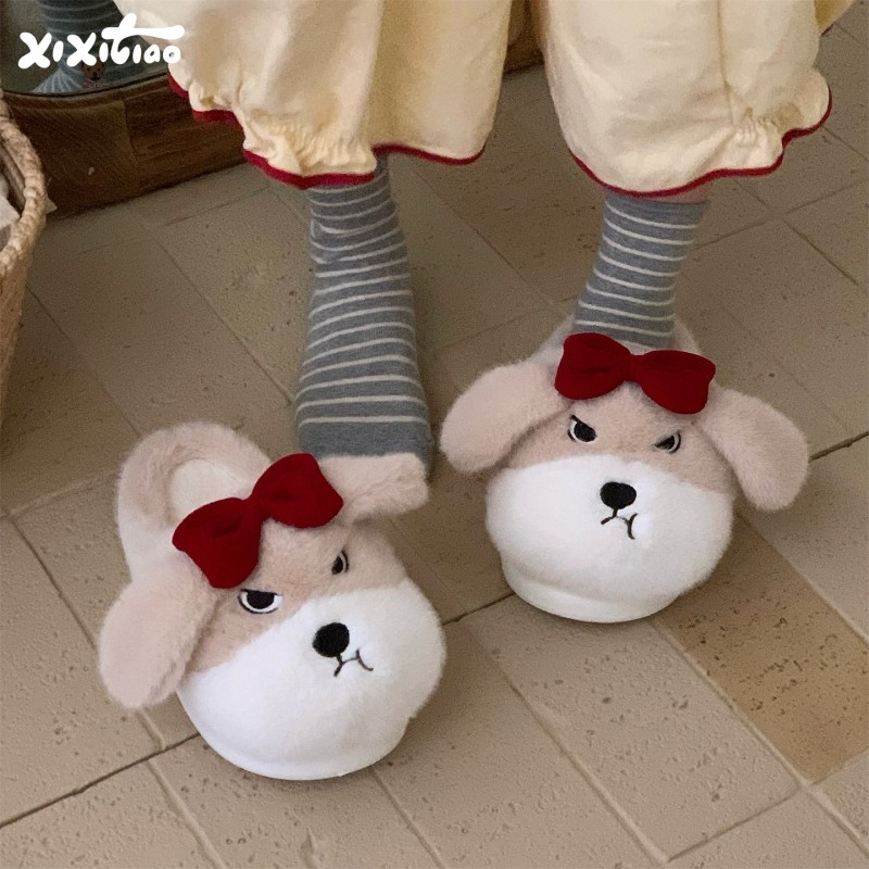 细细条软萌蝴蝶结小狗毛毛棉拖