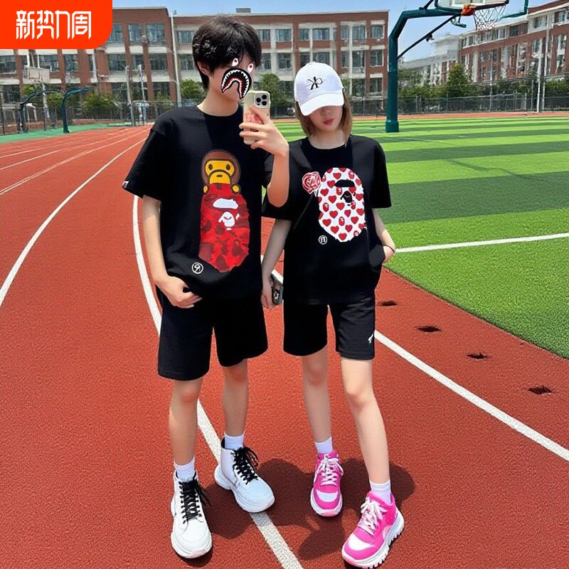 夏季BAPE儿童短袖t恤潮牌男女纯棉宽松猿人头SHARKAPE洋