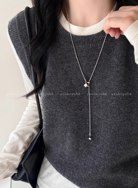 韩系银色方糖钛钢抽拉项链女设计秋冬长款毛衣链时尚百搭配饰爱心