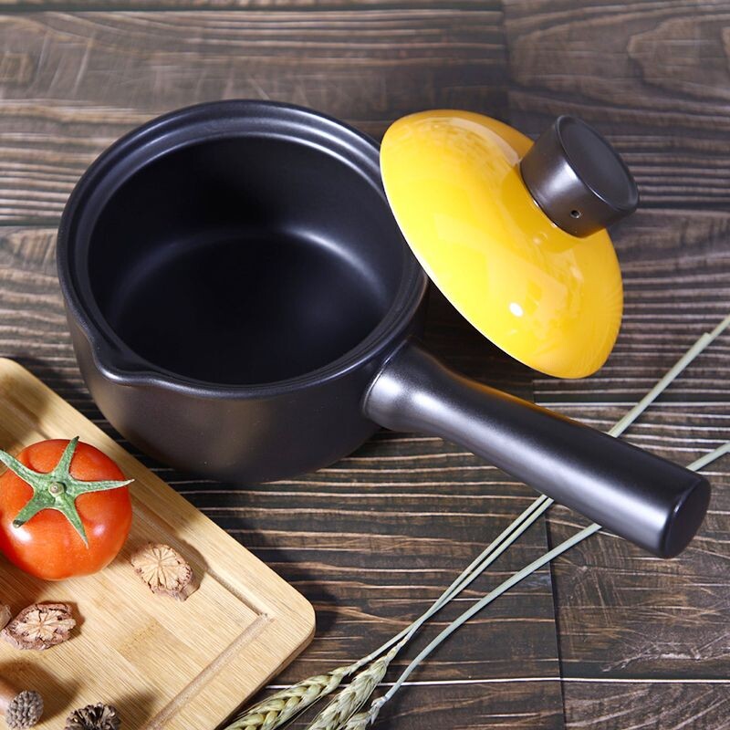 陶瓷小砂锅奶锅煮粥泡面锅无涂层婴儿辅食锅带盖 1.4L黑锅单柄