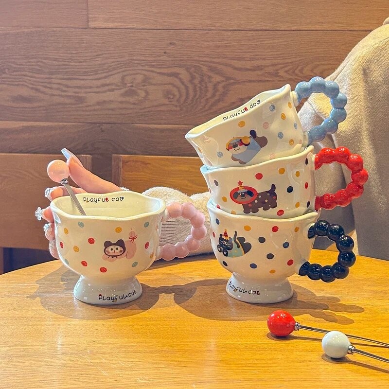 ins波点小狗马克杯高颜值女生杯子陶瓷情侣水杯可爱儿童早餐杯⑥