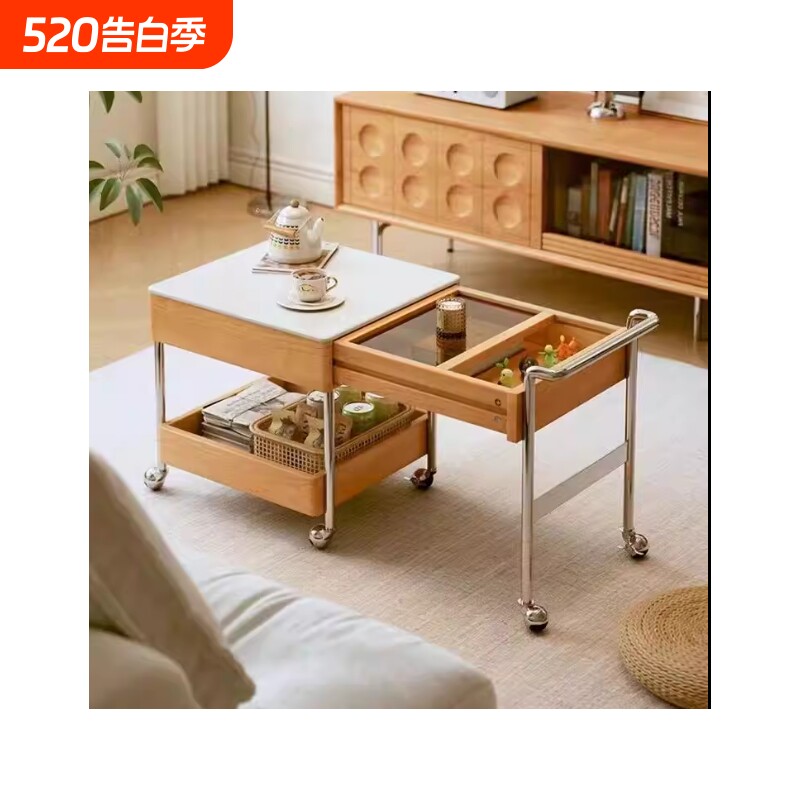 简约客厅复古伸缩移动茶几实木沙发小户型收纳家用小推车茶桌茶