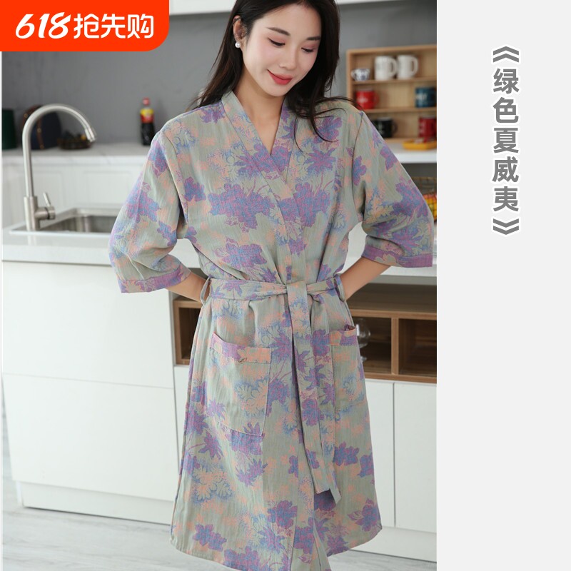 纯棉双层纱布浴袍a类春夏薄款睡衣家居服睡袍女款吸水速 干浴衣