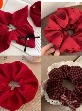 红色方巾大肠发圈女高级感秋冬头绳慵懒风低丸子头发饰蝴蝶结蕾丝