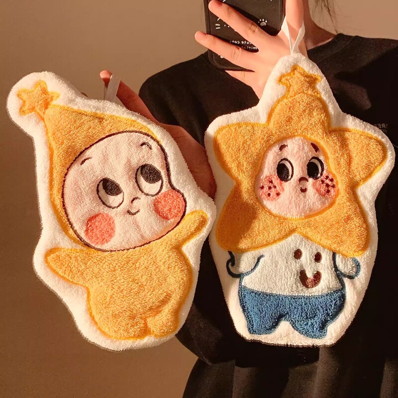 星星人擦手巾挂式可爱手帕厨房卫生间超强吸水加厚珊瑚绒抹手毛巾