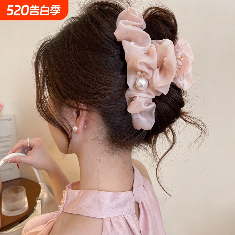 网纱珍珠抓夹女2026新款后脑勺鲨鱼夹盘发夹春夏高级感头饰黑色