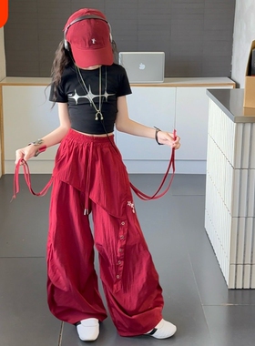女童裤子夏薄款2026新款儿童速干裤又酷又飒的街舞夏裤女裙裤红色
