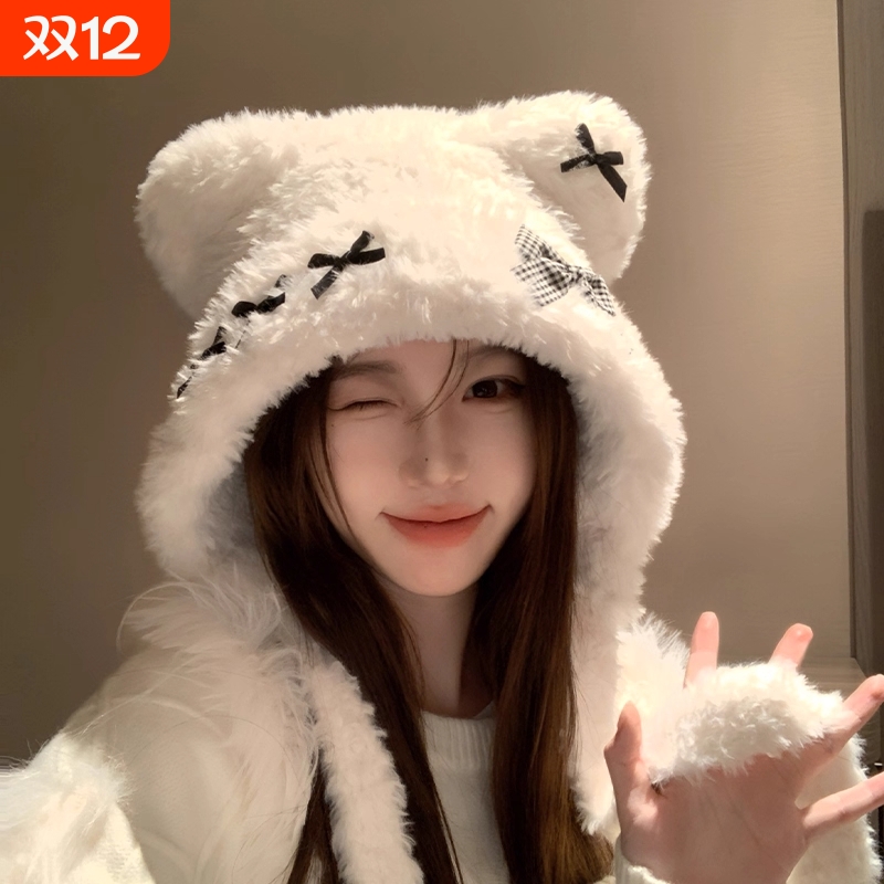 小熊蝴蝶结毛绒帽帽子女秋冬季韩系可爱保暖护耳朵显脸小百搭针织