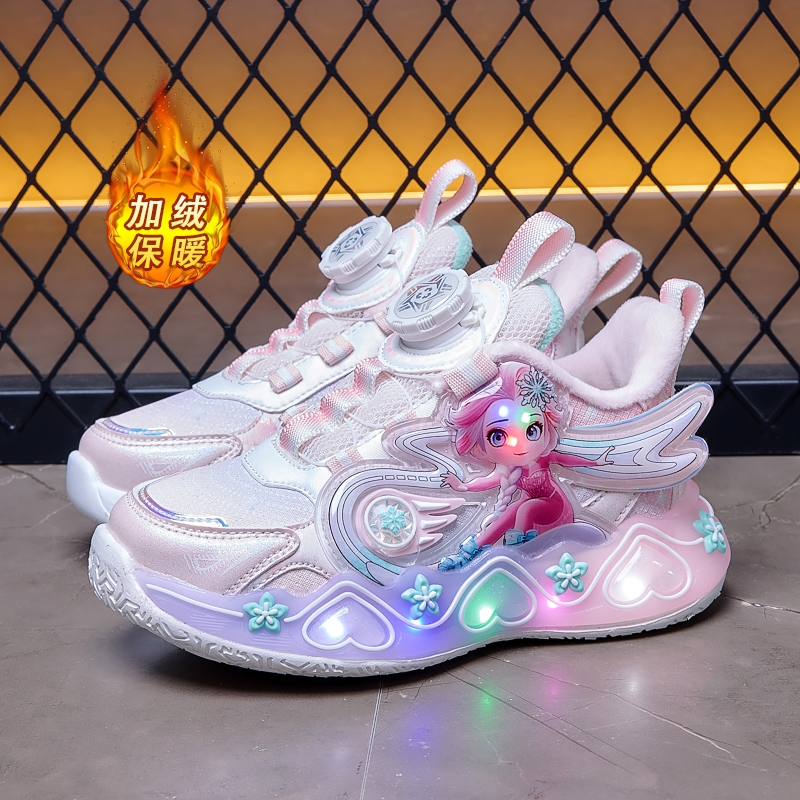 女童鞋子二棉鞋2025冬季新款加绒儿童运动鞋小女孩软底亮灯发光鞋