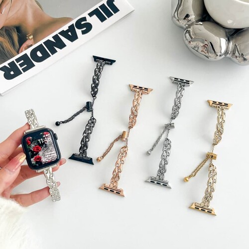 适用苹果iwatchS11/S10手表带SE/UItra3/2/1孔雀弯片表带S9/8/7金属表带精致时尚女款